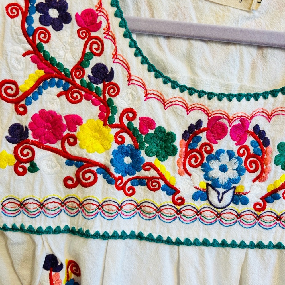 Embroidered White Mexican Peasant Top with Multicolor Floral Detail - Picture 2 of 4